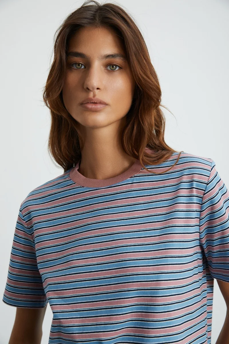 جريميلانج Elera Women's 100% Cotton Striped Round Neck Blue / Patterned T-Shirt