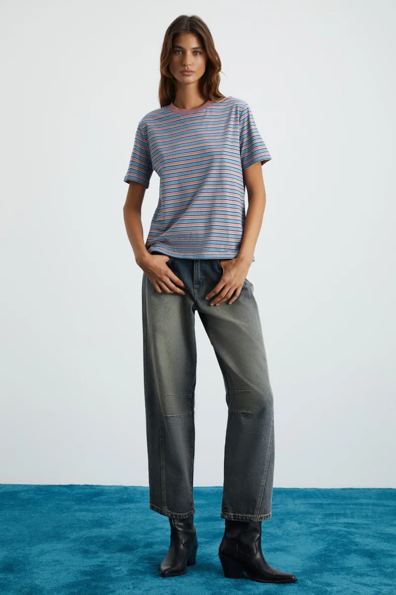 جريميلانج Elera Women's 100% Cotton Striped Round Neck Blue / Patterned T-Shirt