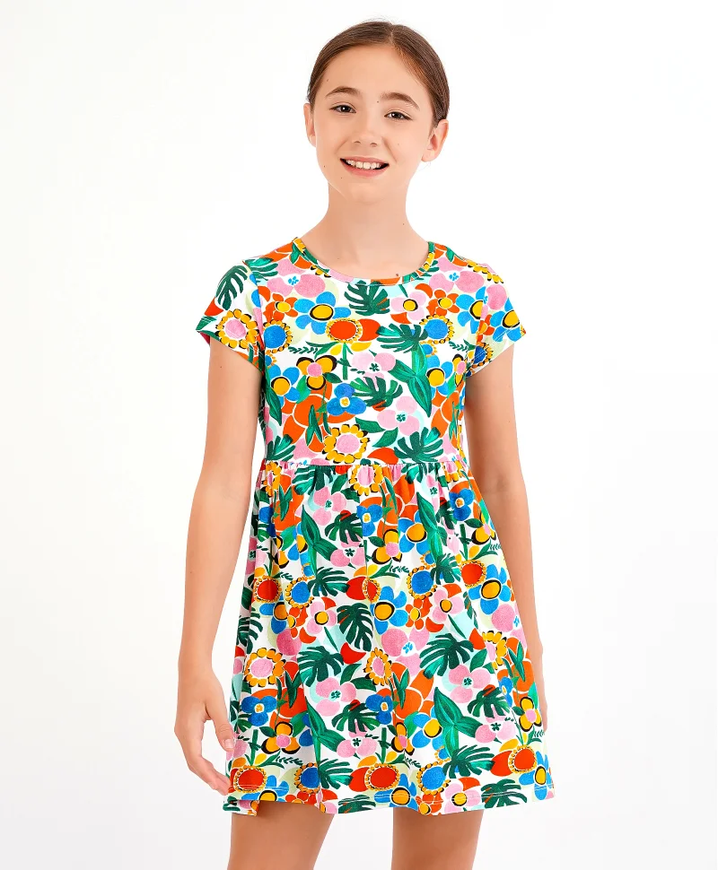 Primo Gino Primo Gino Cap Sleeves One Piece Frock Floral Print With Digital Print Technique - White