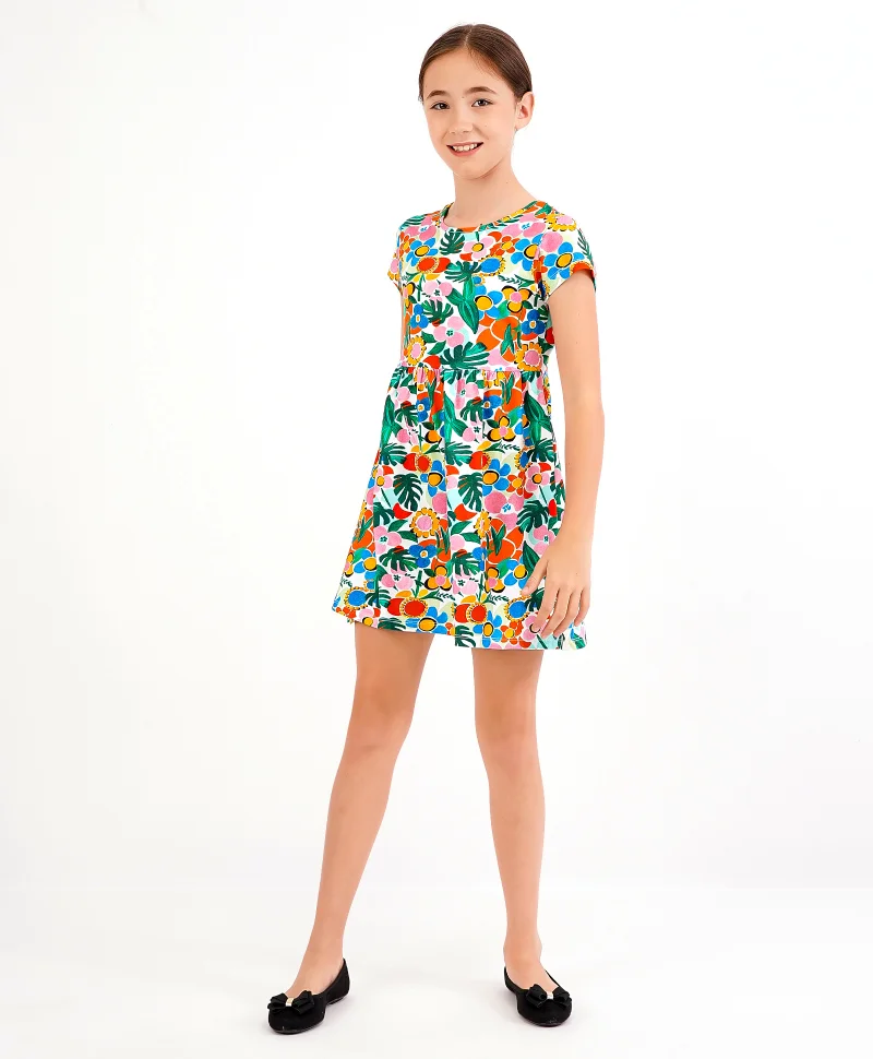 Primo Gino Primo Gino Cap Sleeves One Piece Frock Floral Print With Digital Print Technique - White