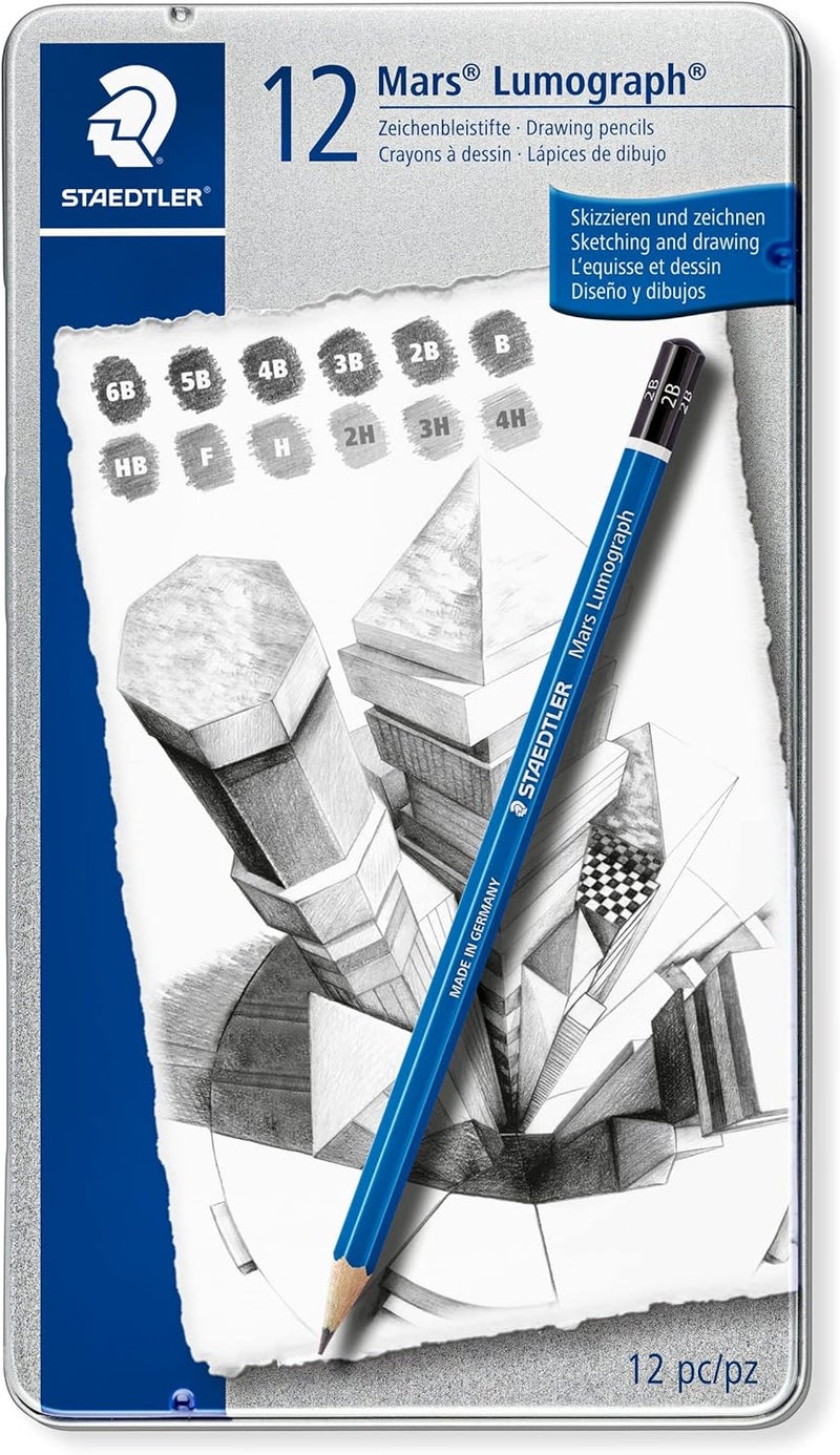 STAEDTLER Mars Lumograph Graphite Pencil Set - 12 Premium Quality Drawing Pencils in Metal Tin - Image 1