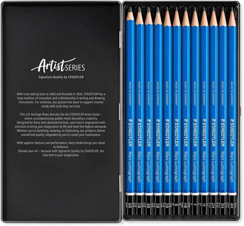 STAEDTLER Mars Lumograph Graphite Pencil Set - 12 Premium Quality Drawing Pencils in Metal Tin - Image 3