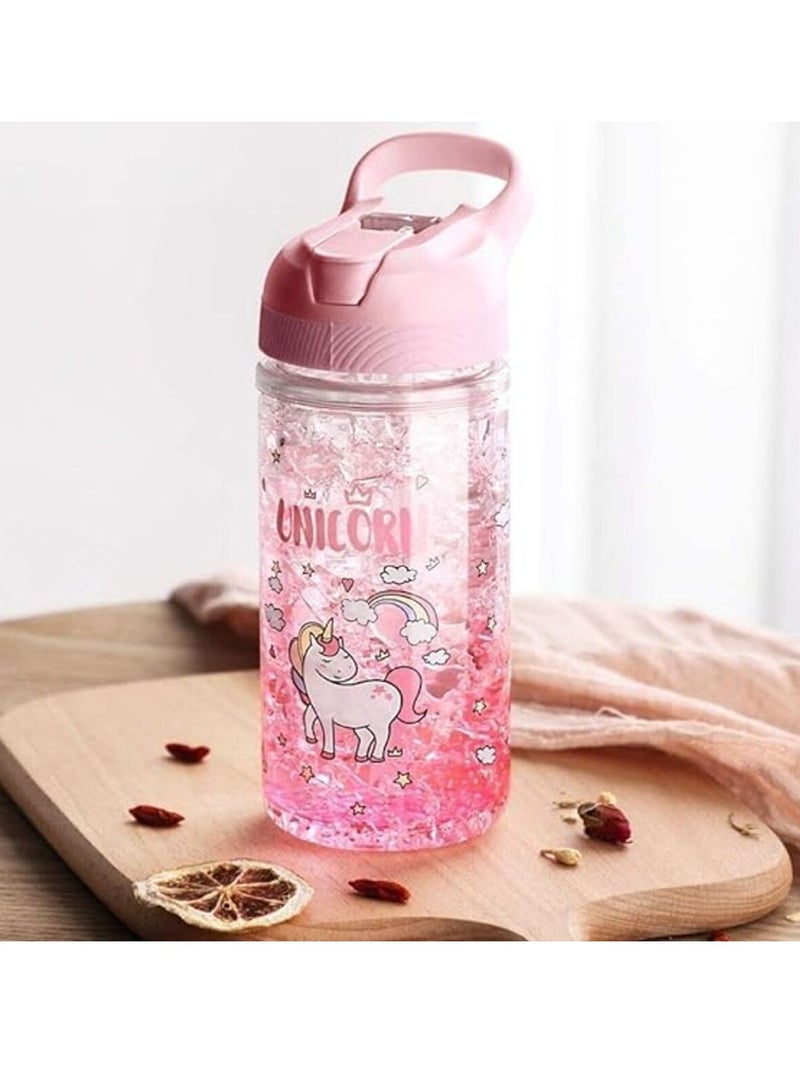 DIOTTI Water Bottles, Cute Girls Water Bottles for School, Girls Unicorn Water Bottle with Straw and Safety lock, 400ML/13.5oz Kids Water Bottles,Drinking Bottle for Boys and Girls Child, Indoor Outdoor (Pink) - Image 1