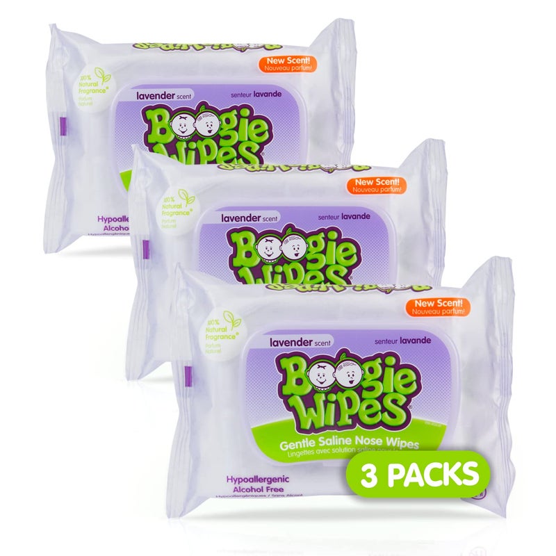 Boogie Saline Nose Wipes by Boogie, for Baby & Kids, Face, Hand & Body, FSA/HSA Eligible, Made with Vitamin E, Aloe, and Natural Saline, Lavender Scent, 30 Count (Pack of 3) - Image 1
