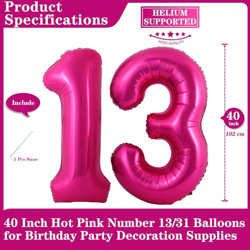 Lovoir Hot Pink 13 Number Balloons 40 Inch Giant Number 13 Balloons Foil Mylar Helium Hot Pink Number Balloons for 13th Birthday Party Supplies Anniversary Event Celebration Decorations - Image 5