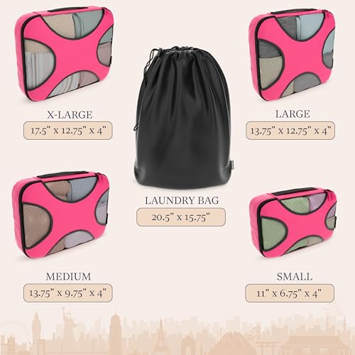 Shacke Premium 5 Packing Cubes Set - Lightweight Mesh Travel Luggage Organizers with Laundry Bag, 5-Piece Suitcase Storage System (Precious Pink) - Image 4