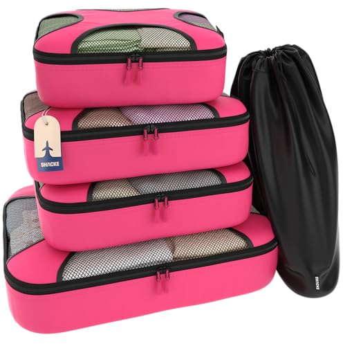 Shacke Premium 5 Packing Cubes Set - Lightweight Mesh Travel Luggage Organizers with Laundry Bag, 5-Piece Suitcase Storage System (Precious Pink) - Image 1