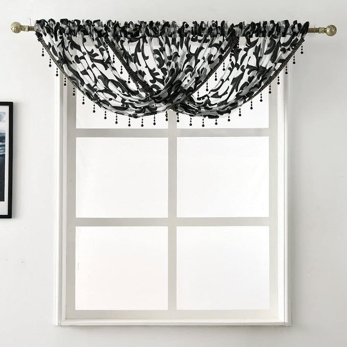 BLACK WATERFALL WINDOW CURTAIN VALANCE ORGANZA SHEER BATHROOM CURTAIN BEADED SWAG FOR SMALL WINDOWS KITCHEN 1 VALANCE 57 X 37 INCH