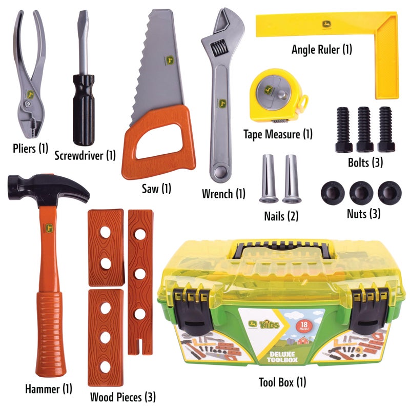 John Deere 18 Piece Deluxe Tool Box, Construction Playset with Tape Measure and Tools, Interactive Building Toys, Preschool Toys for Boys and Girls - Image 2