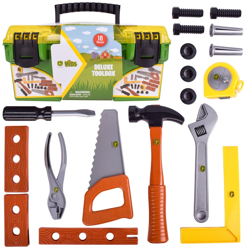 John Deere 18 Piece Deluxe Tool Box, Construction Playset with Tape Measure and Tools, Interactive Building Toys, Preschool Toys for Boys and Girls - Image 1