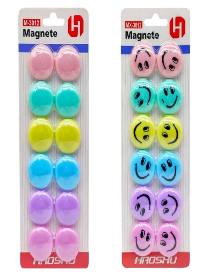 E - Buddies Set of 24PCS Magnet Buttons(12PC Pastel Plain and 12pc Pastel Smiley Mangnet) for Fridge, White-Boards, Office Boards, Presentation Supplies, Notice Board, Magnetic Button (Size - 30 mm)