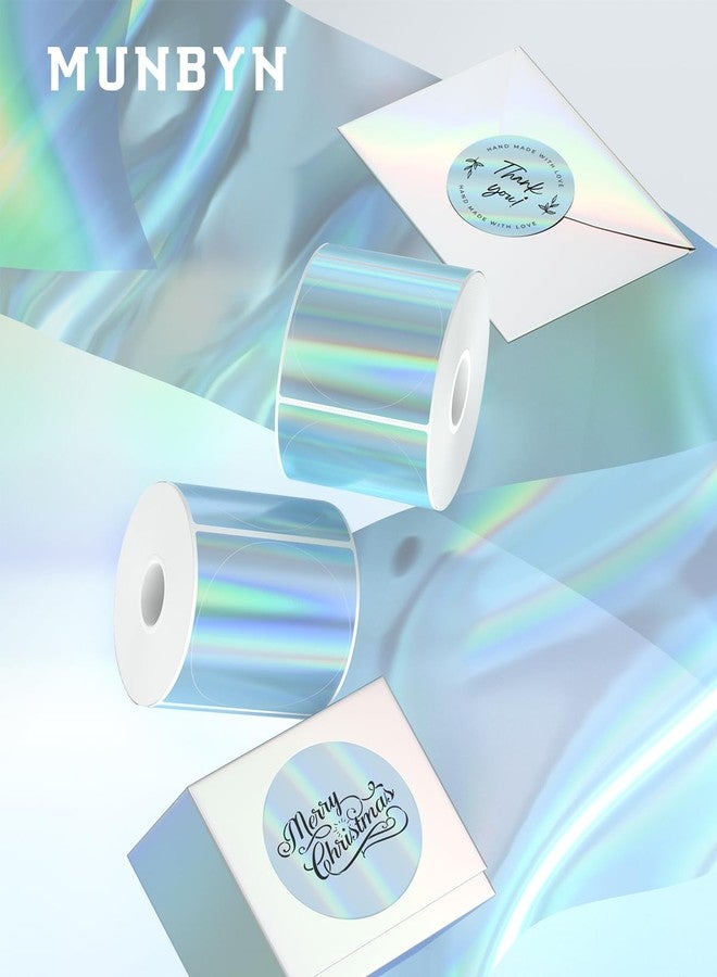 MUNBYN 2" Circle Holographic Thermal Label Stickers Blue, Round Printable Rainbow Glitter Thermal Printer Sticker Labels for Gift Wrapping, Self-Adhesive Name Price Tag DIY Custom Logo Design - Image 2