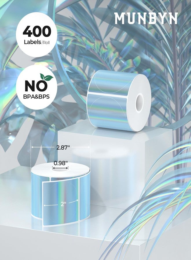 MUNBYN 2" Circle Holographic Thermal Label Stickers Blue, Round Printable Rainbow Glitter Thermal Printer Sticker Labels for Gift Wrapping, Self-Adhesive Name Price Tag DIY Custom Logo Design - Image 3