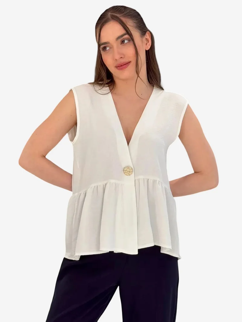 Big Dart White BDART V-Neck Buttoned Sleeveless Blouse for Women | Best Price UAE