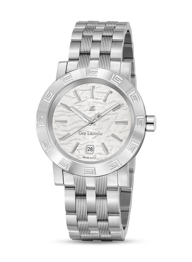 غاي لاروش ساعة أليكس للرجال 40 مم سويسرية كوارتز بقرص أبيض منقوش وسوار ستانلس ستيل وزجاج سافاير - Image 1