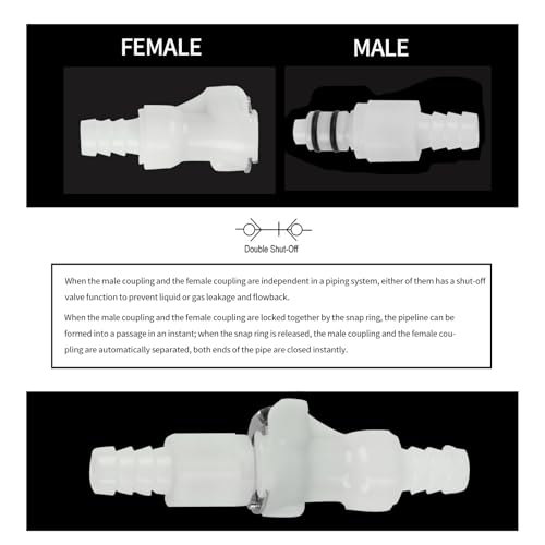 BBTUS 1/4" 3/8" 5/16" Plastic Hose Barb In-Line Quick Connector, Quick Release Vacuum Disconnect Coupling, Shut-Off Valved Insert Tube Quick Connect Fittings (1 Male+ 1 Female)(3/8") - Image 5