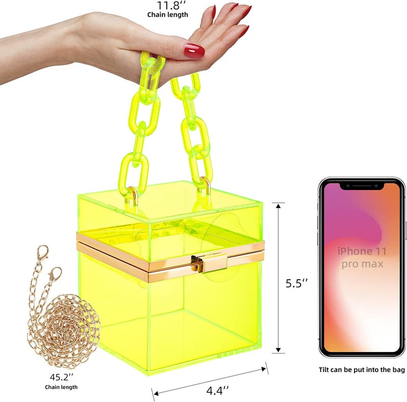WJCD Cute Clear Acrylic Plastic Neon Hard Frame Party Clutch Purse with Gold Chain Strap - Image 2