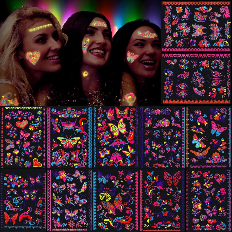 Konsait 160pcs Butterfly Tattoos UV neon Temporary Tattoos for GirlBlacklight Tattoos temporary rave festival decorations Fluorescence Fake Tattoos Stickers for Children Girls Birthday Dance