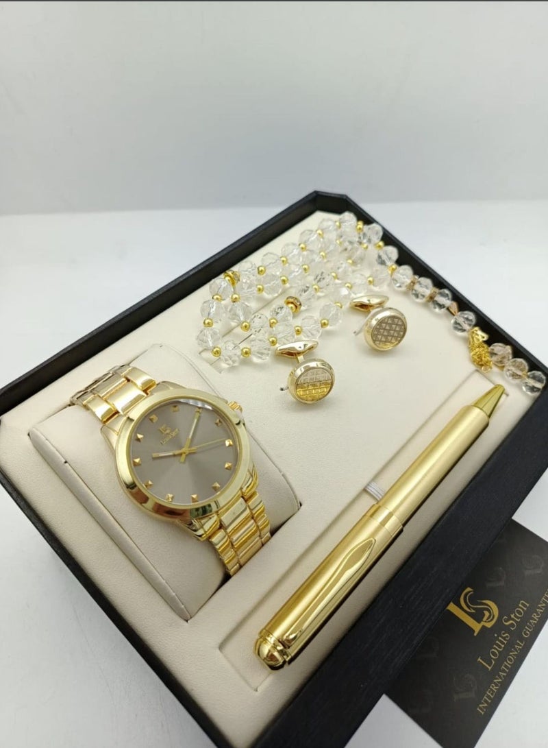 Louis Ston A high-quality, elegant men's watch gift set from Louis Ston, gold bracelet with gray dial and date display - limited edition