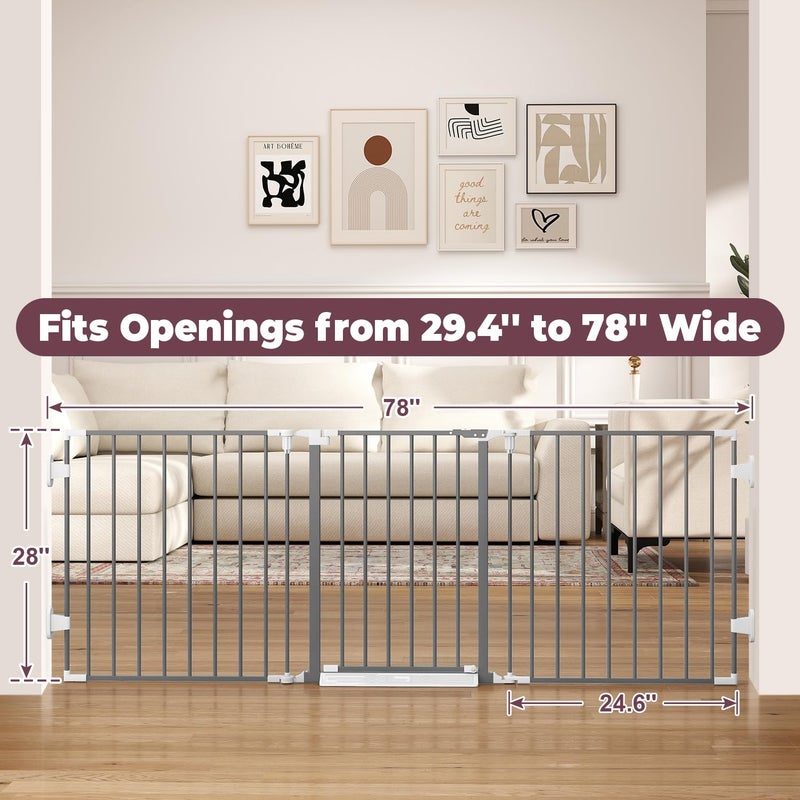 Cideny 78" Extra Wide Baby Gate, Dog Gates Indoor for Doorways Stairs, Essential Safety Gate for Child, Hardware Mounted Adjustable Pet Gate with Anti-Trip Pedal, 28'' Tall 3 Metal Panels Grey - Image 5