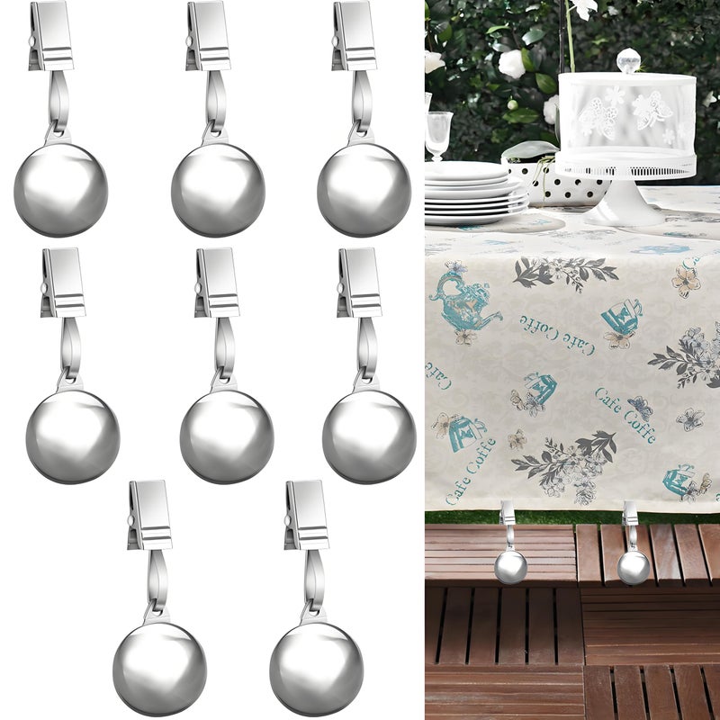 8 Pack Heavy Duty Tablecloth Weights Stainless Steel Balls with Metal Tablecloth Clips for Outdoor Tables Curtains Flag Add 192oz Weights for Outdoor Picnic Family Dinner Party