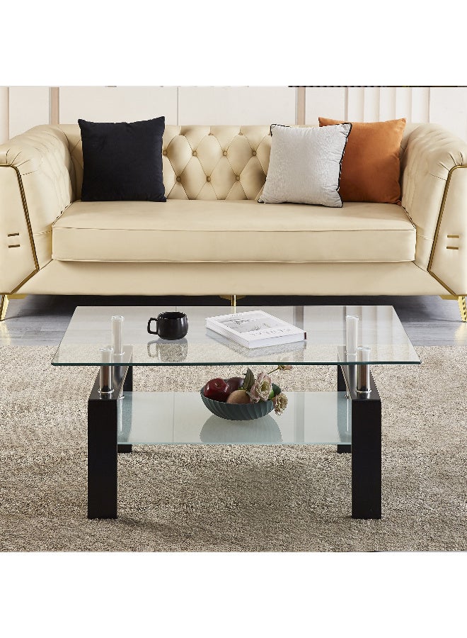 طاولة قهوة زجاجية حديثة ، طاولة شاي مستطيلة زجاجية مقلصة واضحة من طبقتين لغرفة المعيشة ، طاولات قهوة مركزية أنيقة مع تخزين واسع - Image 3