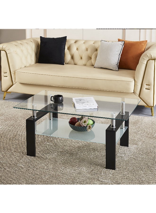 طاولة قهوة زجاجية حديثة ، طاولة شاي مستطيلة زجاجية مقلصة واضحة من طبقتين لغرفة المعيشة ، طاولات قهوة مركزية أنيقة مع تخزين واسع - Image 2