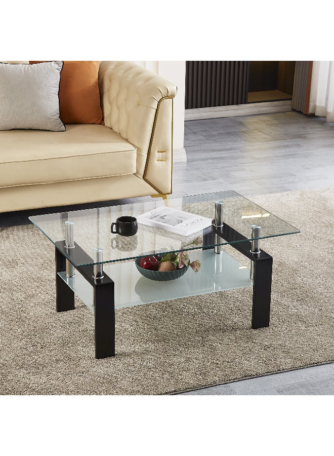 طاولة قهوة زجاجية حديثة ، طاولة شاي مستطيلة زجاجية مقلصة واضحة من طبقتين لغرفة المعيشة ، طاولات قهوة مركزية أنيقة مع تخزين واسع - Image 1