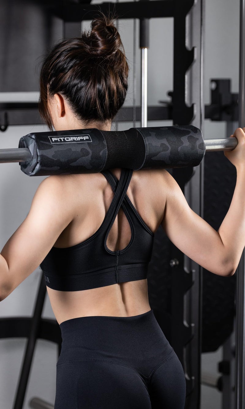 FitgriffÂ® Barbell Hip Thrust Pad for Squats, Lunges & Glute Bridges â€“ Weightlifting Cushion for Neck & Shoulder Protection â€“ Fits Olympic & Standard Bars (Camo-Black) - Image 4
