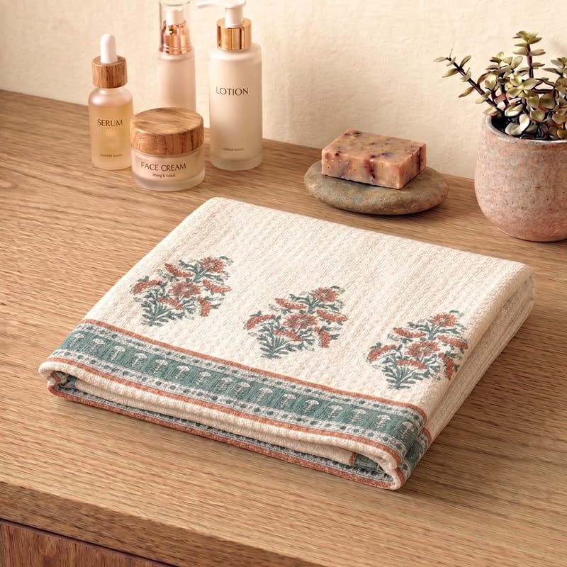 Peepul Tree 100% Pure Cotton 1 Bath Towel Set in Peach & Teal Color | Soft & Super Absorbent | Quick Dry Towels | Block Printed Floral Design I Pure Cotton Waffle Towel - Image 1