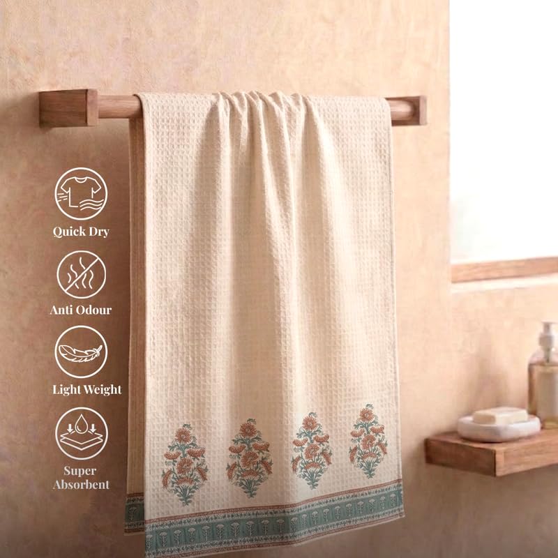 Peepul Tree 100% Pure Cotton 1 Bath Towel Set in Peach & Teal Color | Soft & Super Absorbent | Quick Dry Towels | Block Printed Floral Design I Pure Cotton Waffle Towel - Image 4
