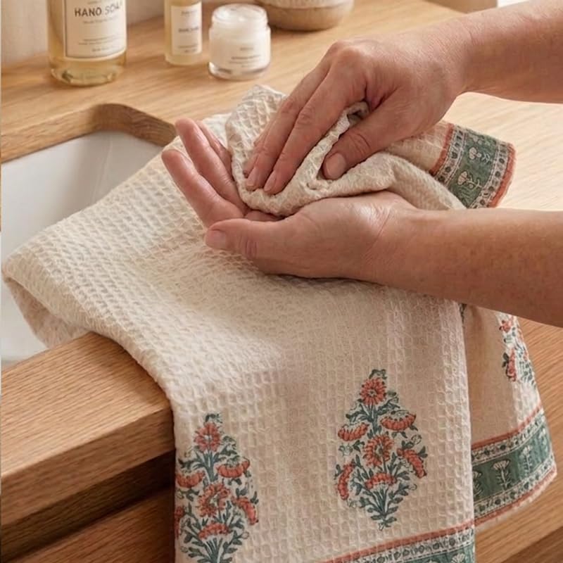 Peepul Tree 100% Pure Cotton 1 Bath Towel Set in Peach & Teal Color | Soft & Super Absorbent | Quick Dry Towels | Block Printed Floral Design I Pure Cotton Waffle Towel - Image 2