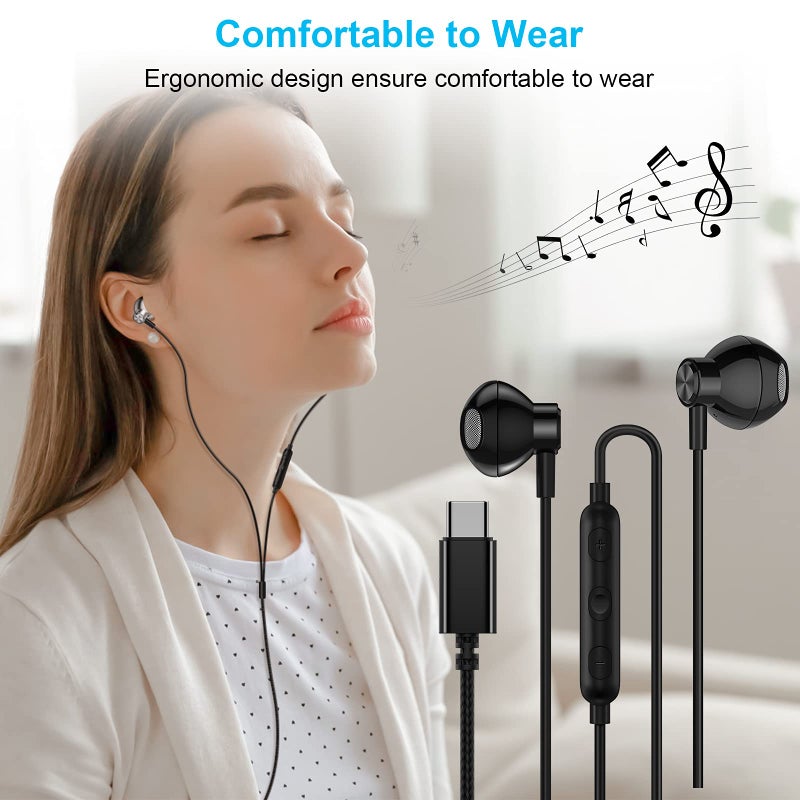 ACAGET USB C Headphones for Samsung S25 S24 FE S23 S22 S21 Ultra S20 Plus Earbuds Wired Headphone for Android Type-C Earpiece for Galaxy A35 A54 5G HiFi Stereo Earphones for iPhone 16 15 Pro Max Black - Image 5