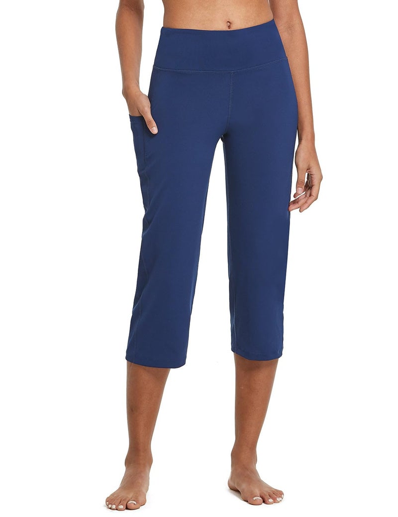 baleaf Womens Yoga Capri Pants High Waist Capri Leggings with Pockets Wide Leg Crop Exercise Workout Summer Pants Navy Blue L - Image 1