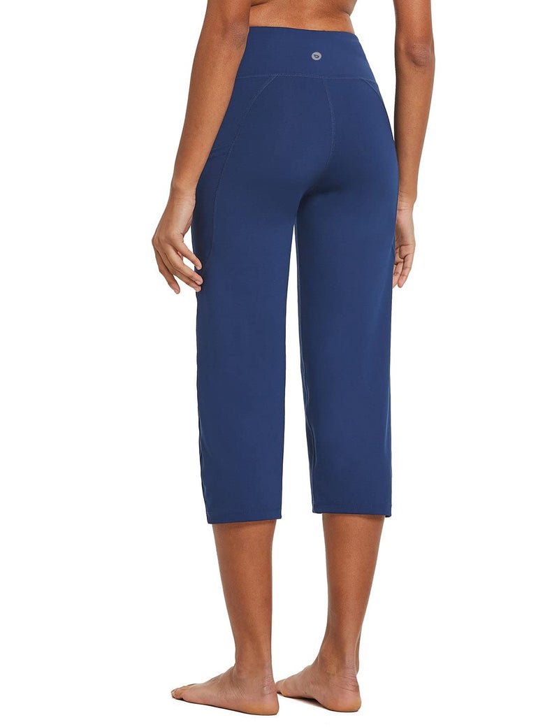 baleaf Womens Yoga Capri Pants High Waist Capri Leggings with Pockets Wide Leg Crop Exercise Workout Summer Pants Navy Blue L - Image 3