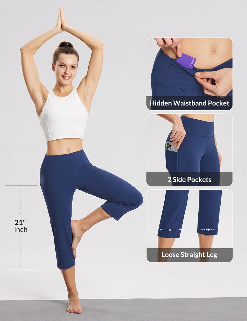 baleaf Womens Yoga Capri Pants High Waist Capri Leggings with Pockets Wide Leg Crop Exercise Workout Summer Pants Navy Blue L - Image 4