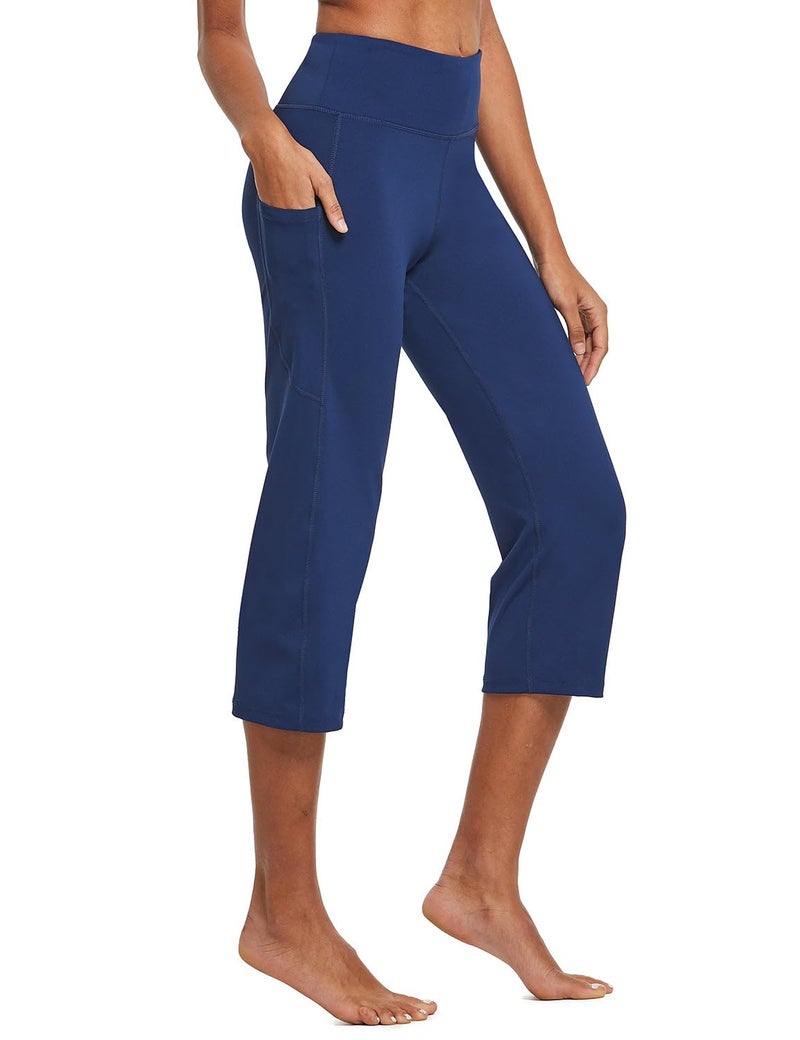 baleaf Womens Yoga Capri Pants High Waist Capri Leggings with Pockets Wide Leg Crop Exercise Workout Summer Pants Navy Blue L - Image 2