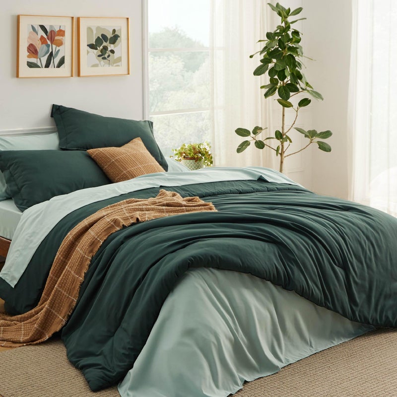 Bedsure Queen Comforter Set - 7 Pieces Forest Green Queen Bedding Set for All Seasons, Boho Contrasting Design Bed in a Bag with Comforter, Sheets, Pillowcases & Shams - Image 1