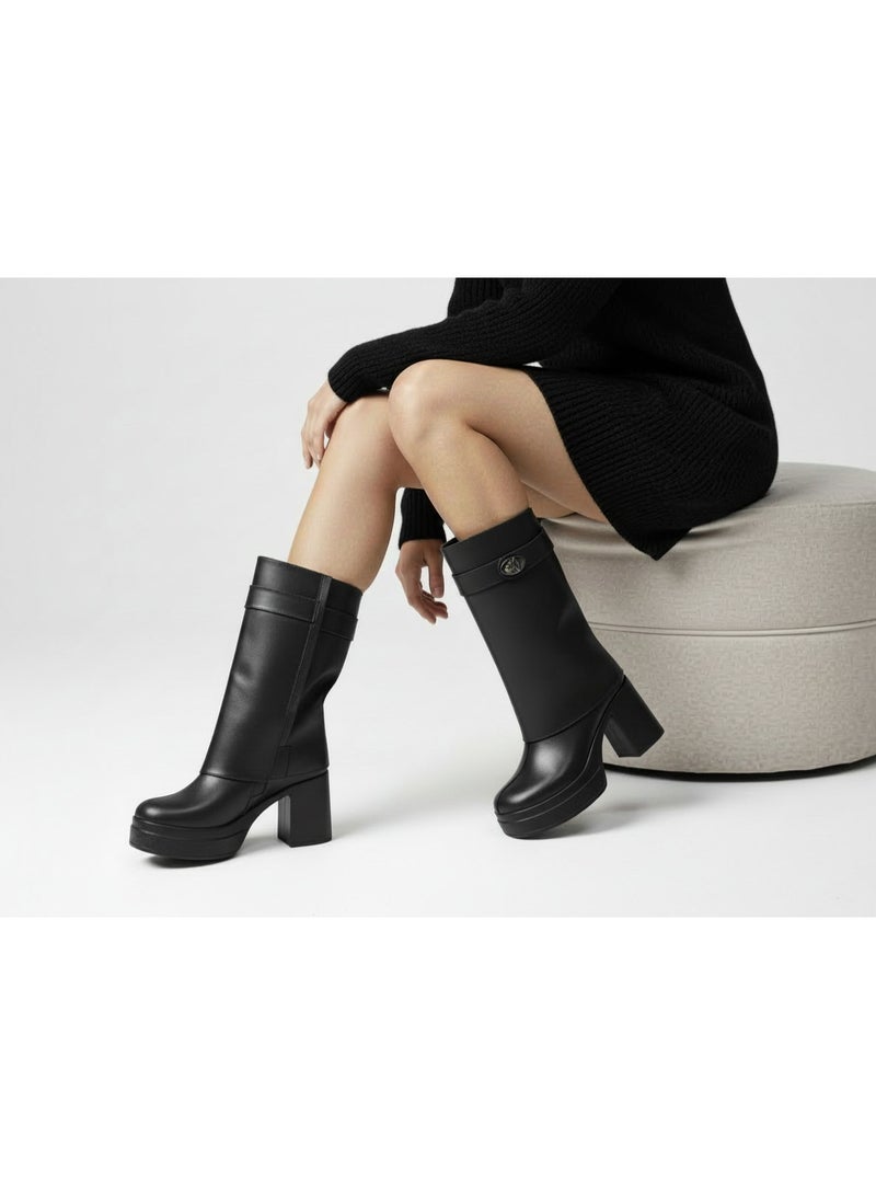 LIFESTYLISH Long Boot  High Heel Leather Elegant LB-49 - Black - Image 1