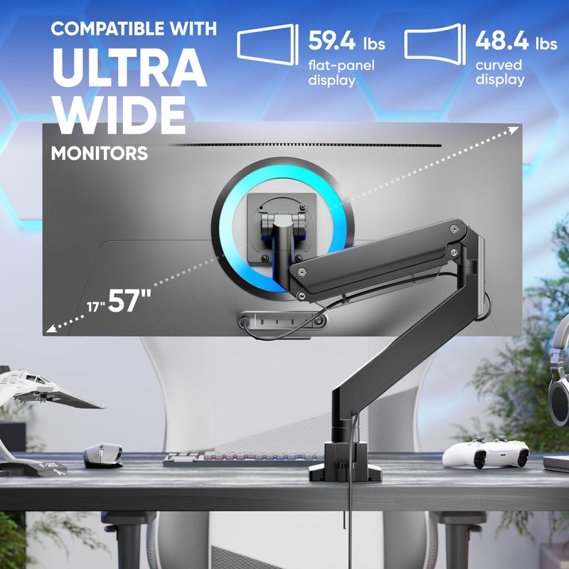 ONKRON Heavy Duty Monitor Arm for 17-57 Inch Screens up to 59.4 lbs, Ultrawide Screen Mount with Adjustable Gas Spring, VESA 75x75-200x200, Single Arm Monitor Mount for Desk, Clamp & Grommet Black - Image 3