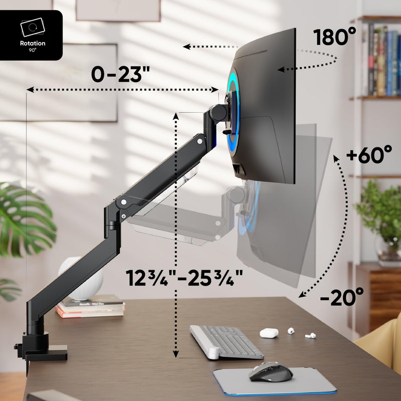ONKRON Heavy Duty Monitor Arm for 17-57 Inch Screens up to 59.4 lbs, Ultrawide Screen Mount with Adjustable Gas Spring, VESA 75x75-200x200, Single Arm Monitor Mount for Desk, Clamp & Grommet Black - Image 2