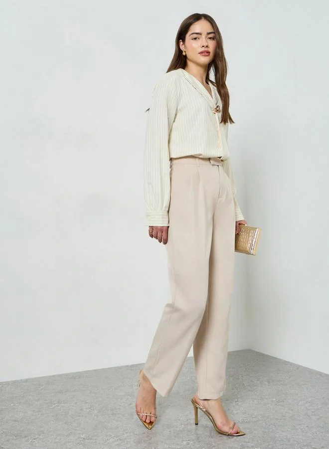 Styli Cream Solid Wide Leg Trousers