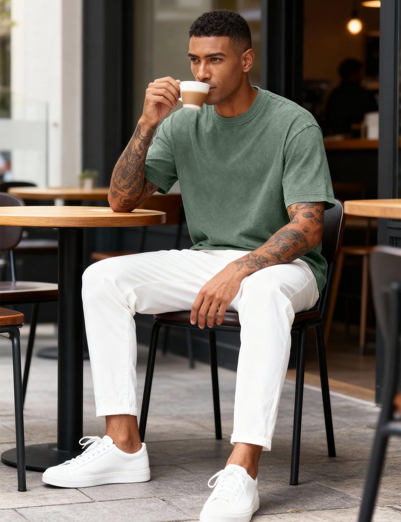 Eisctnd 4 Pack Men's Oversized T-Shirts Heavy Cotton Vintage Tee, Loose Fit Baggy Short Sleeve Casual Streetwear Unisex Tops(4-Black+Beige+Grey+Green-XL) - Image 5