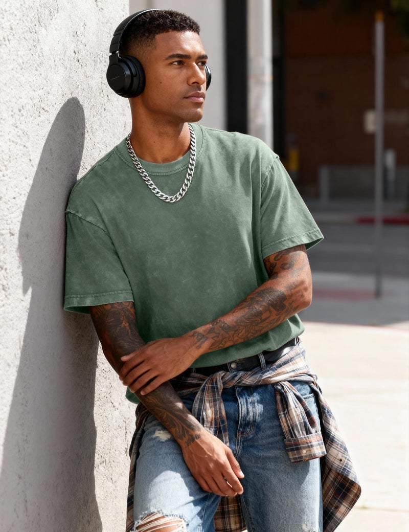 Eisctnd 4 Pack Men's Oversized T-Shirts Heavy Cotton Vintage Tee, Loose Fit Baggy Short Sleeve Casual Streetwear Unisex Tops(4-Black+Beige+Grey+Green-XL) - Image 3