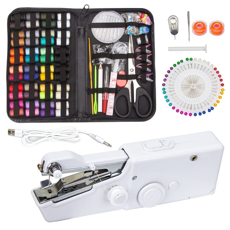 Handheld Sewing Device Portable Sewing Machine with 177 Pcs Sewing Kit Supplies Handheld Electric Sewing Machine for Beginners Kid Home Travel Use