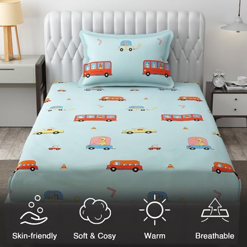 FRESH FROM LOOM Glace Cotton Wrinkle Free Soft Hypoallergenic Bed Sheet | Cartoon Printed | Single Bedsheet Kids Bedsheet For Boys & Girls Room With 1 Pillow Cover (60X90 Inches/Aqua/Bus), 144 tc - Image 5