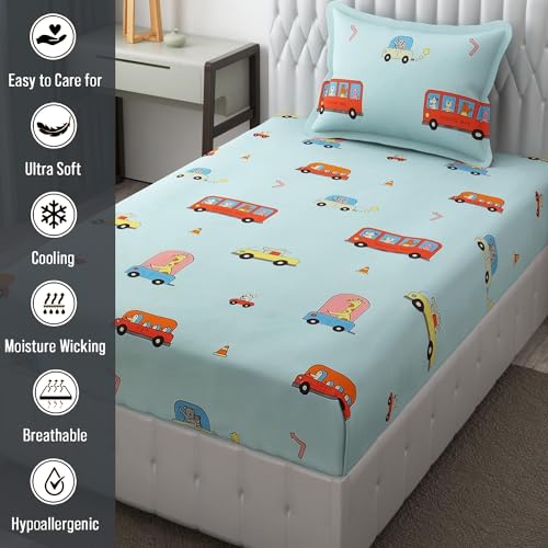FRESH FROM LOOM Glace Cotton Wrinkle Free Soft Hypoallergenic Bed Sheet | Cartoon Printed | Single Bedsheet Kids Bedsheet For Boys & Girls Room With 1 Pillow Cover (60X90 Inches/Aqua/Bus), 144 tc - Image 4