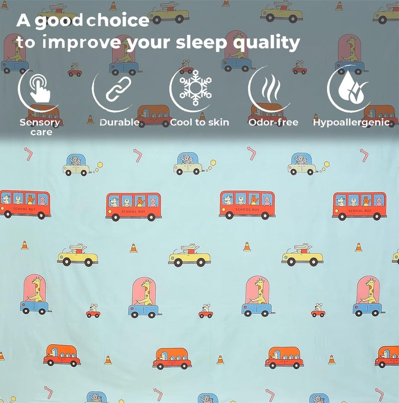 FRESH FROM LOOM Glace Cotton Wrinkle Free Soft Hypoallergenic Bed Sheet | Cartoon Printed | Single Bedsheet Kids Bedsheet For Boys & Girls Room With 1 Pillow Cover (60X90 Inches/Aqua/Bus), 144 tc - Image 3