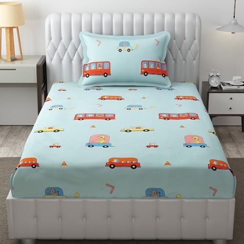 FRESH FROM LOOM Glace Cotton Wrinkle Free Soft Hypoallergenic Bed Sheet | Cartoon Printed | Single Bedsheet Kids Bedsheet For Boys & Girls Room With 1 Pillow Cover (60X90 Inches/Aqua/Bus), 144 tc - Image 1