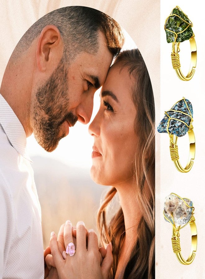 Sureio 12 Pieces Chakra Crystal Ring Healing Crystal Adjustable Gemstone Irregular Stone Rings for Women Colorful Gem Copper Wire Wrap Ring for Women, Gold Ring - Image 5